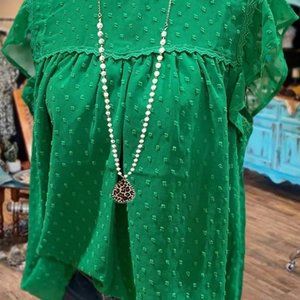 Green Solid Textured Ruffle Sleeve Top, Size S-NWT